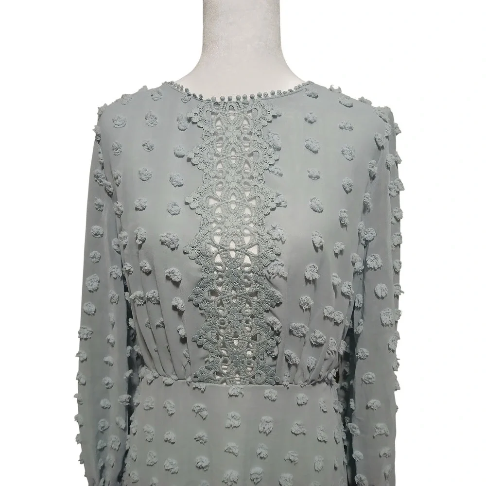 Simplee Light Blue Swiss Dot Crochet Lace Mini Dress Long Sleeve Size L - Picture 2 of 9